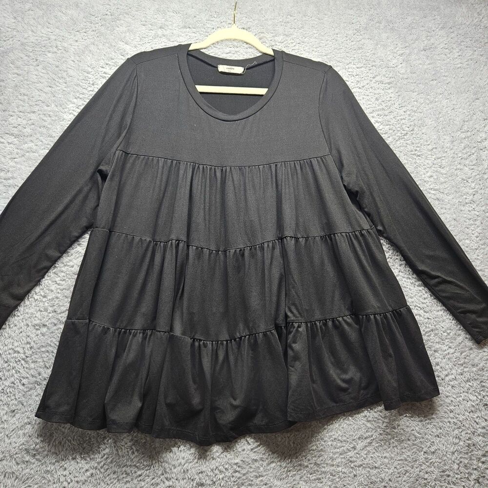 Entro Womens Black Tiered Longsleeve Blouse Size Large Stretchy Basic Casual